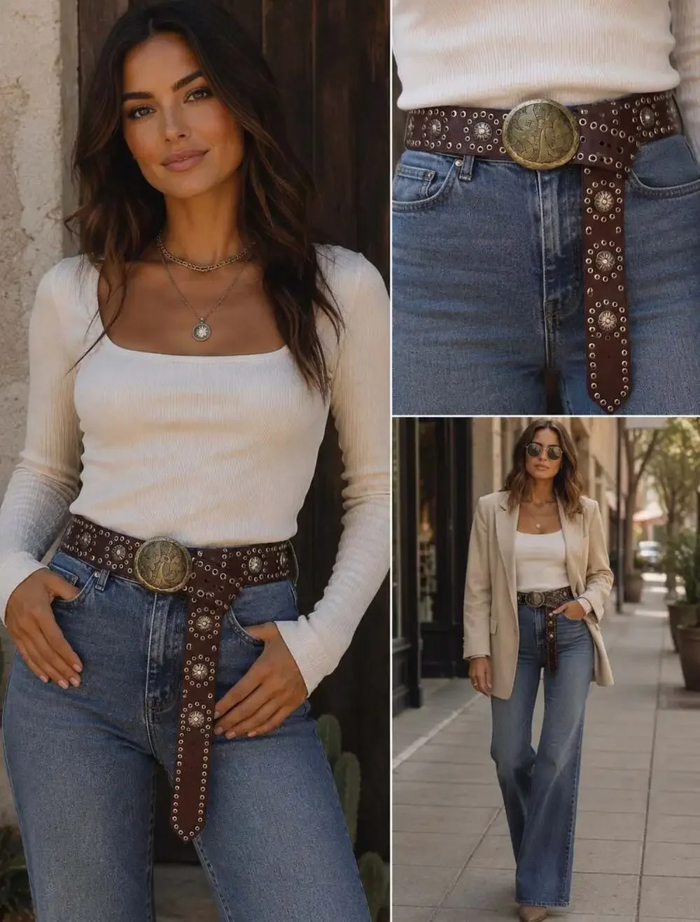 Motif 56 Brown Genuine Leather Clover Embellished Studded Belt